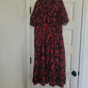 NWT James Draper Dress sz Xl Red Black Floral Vintage Style Chiffon Midi Length